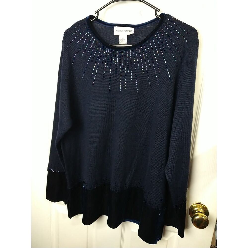 Alfred Dunner Woman L Sweater Blue Beaded Velvet Trim Pullover Tunic Wool Blend